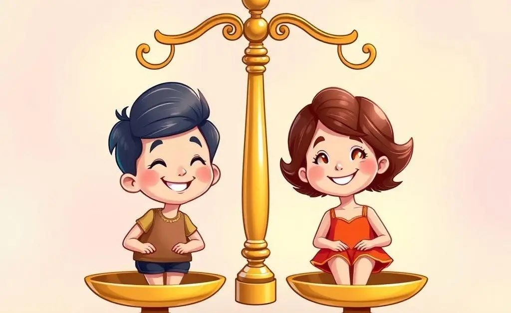 Cartoon scales balancing two people on each side with wholesome expressions.