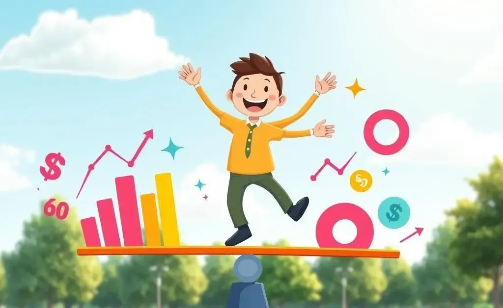 A cartoon character balancing on a seesaw, symbolizing work-life balance with numbers and charts.