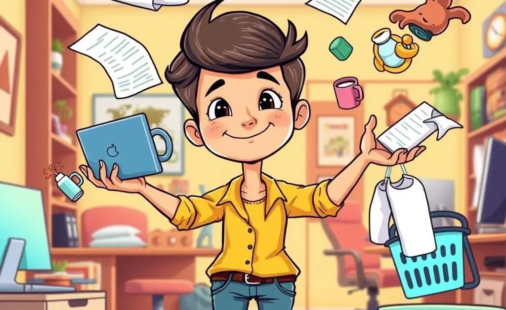 A cartoon-like image of a person juggling work responsibilities and family commitments