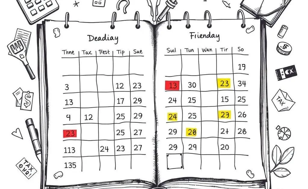 A hand-drawn calendar with a fiscal theme, highlighting important tax-related dates.