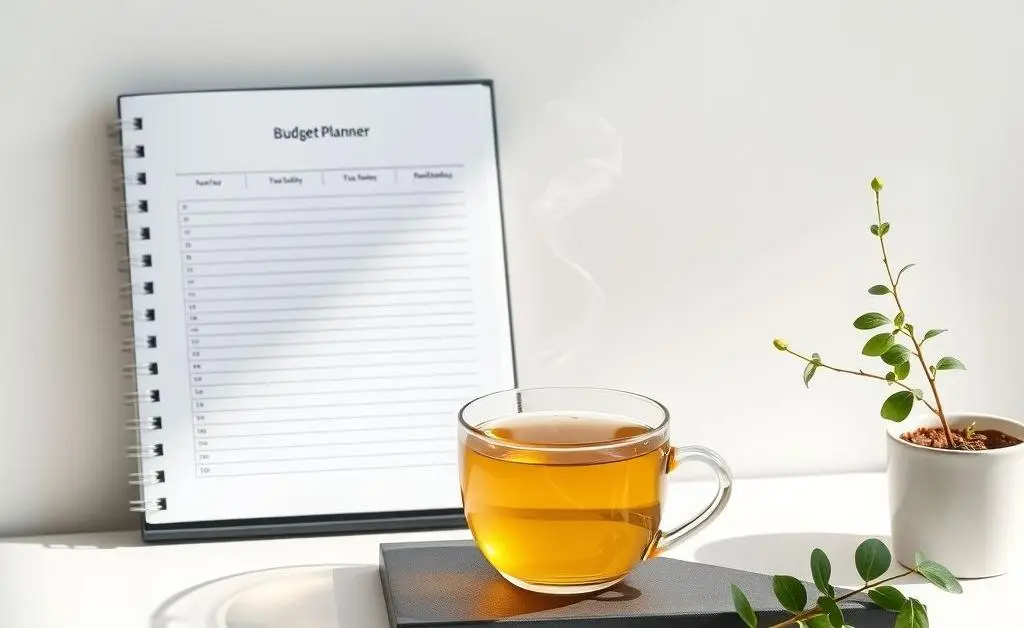 A clean and minimalist desk setup with a budget planner, herbal tea, and a small plant.