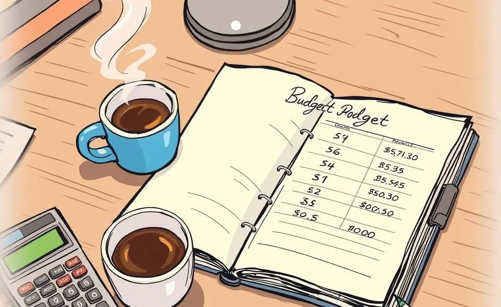 A hand-drawn style image of a budget planner on a desk with coffee, calculator, and colorful pen.
