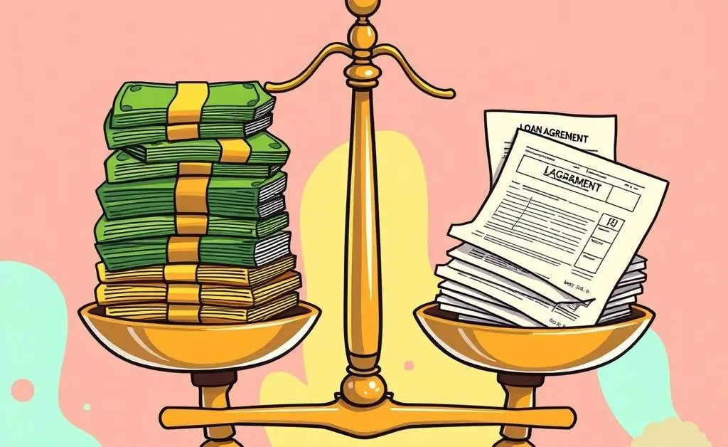 A scale balancing money and loan documents