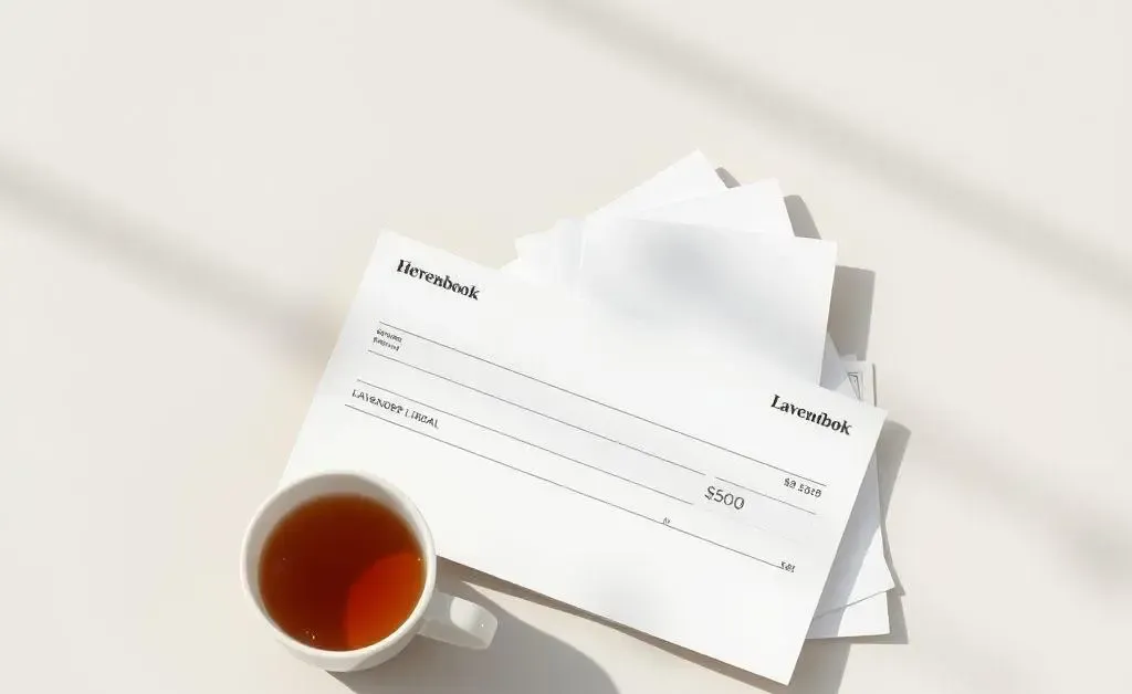 Balanced checkbook with receipts and tea