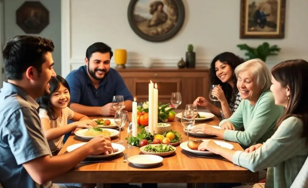 Family having a lively conversation at dinner