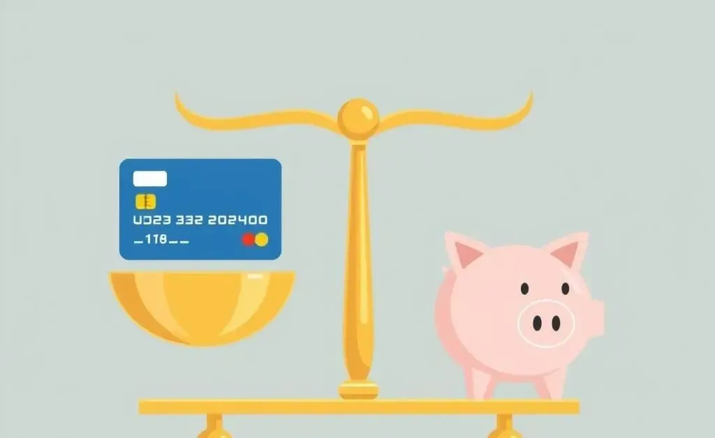Balanced scale with credit card and piggy bank