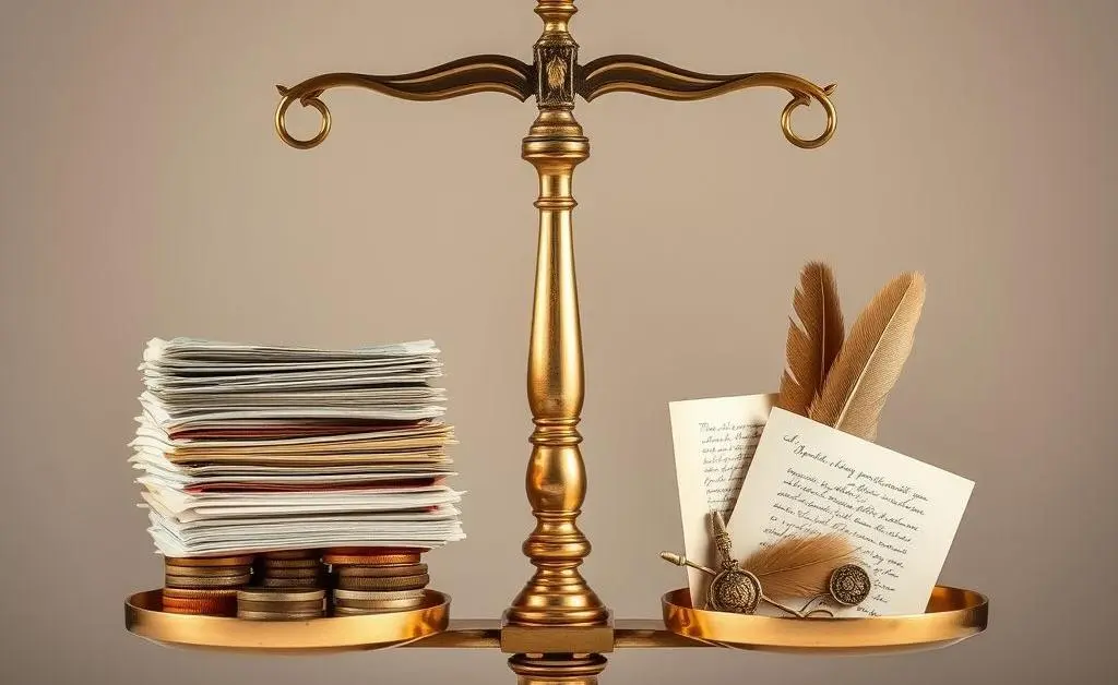 A balanced scale with money on one side and life experiences on the other.