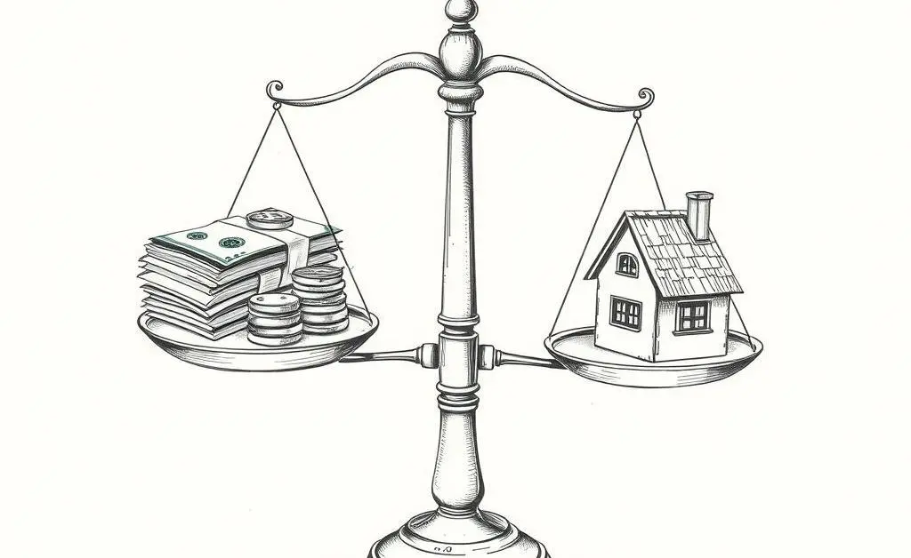 Hand-drawn illustration of a balanced scale with money and a small house on either side