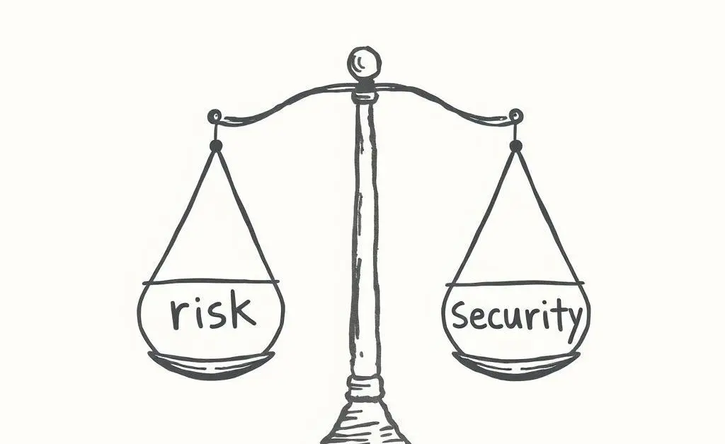A hand-drawn balance scale with 'risk' on one side and 'security' on the other, showing balance in investment strategy