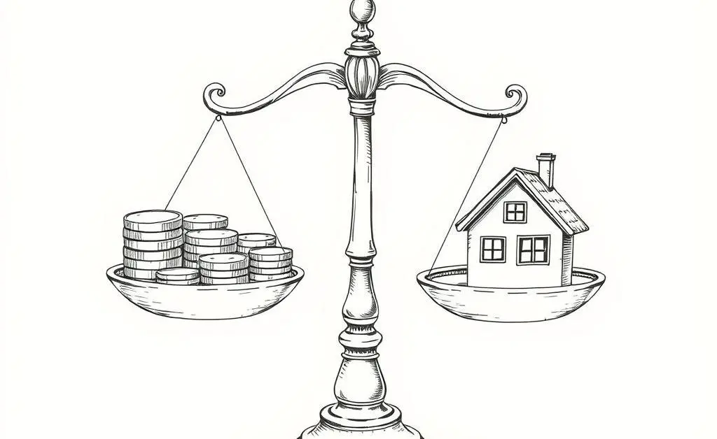 Balanced scales with coins and a house