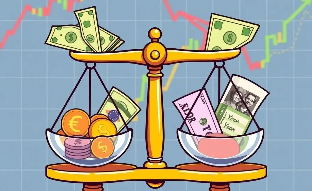 A cartoon-style image of scales balancing different currencies, illustrating managing currency risk.