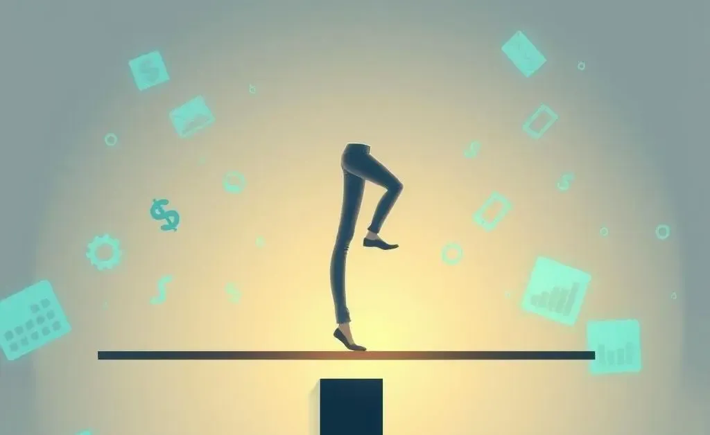 A person gracefully balancing on a beam with stock symbols floating around.