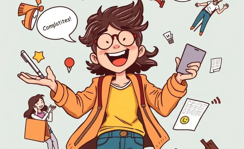 A comic-like depiction of a person joyfully juggling various aspects of life, such as socializing, work, and hobbies.