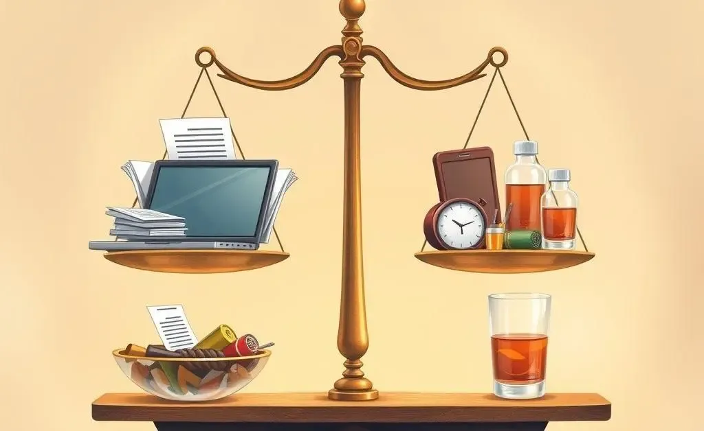 A scale balancing work elements on one side and personal life elements on the other.