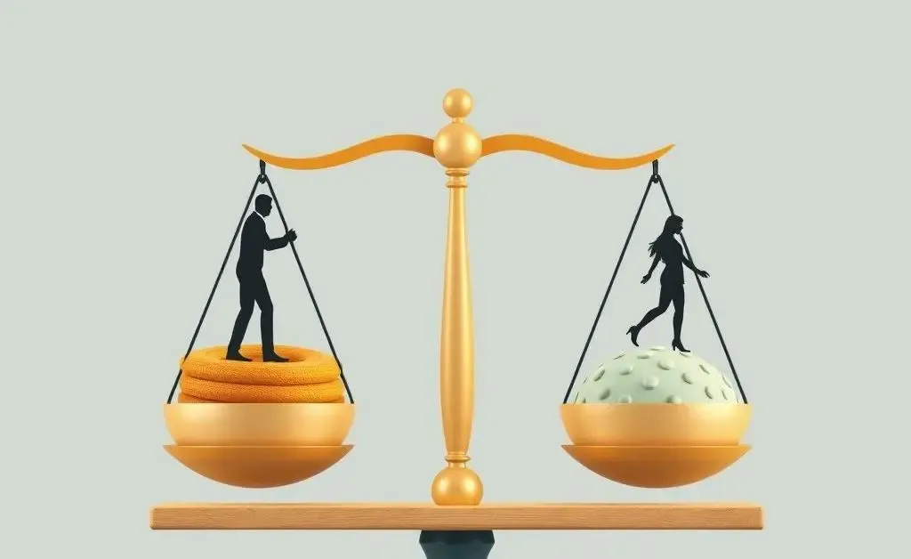 A balanced scale with various life elements