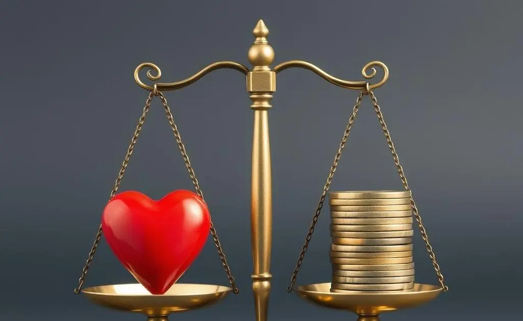 A balance scale with one side holding a heart and the other holding a pile of coins