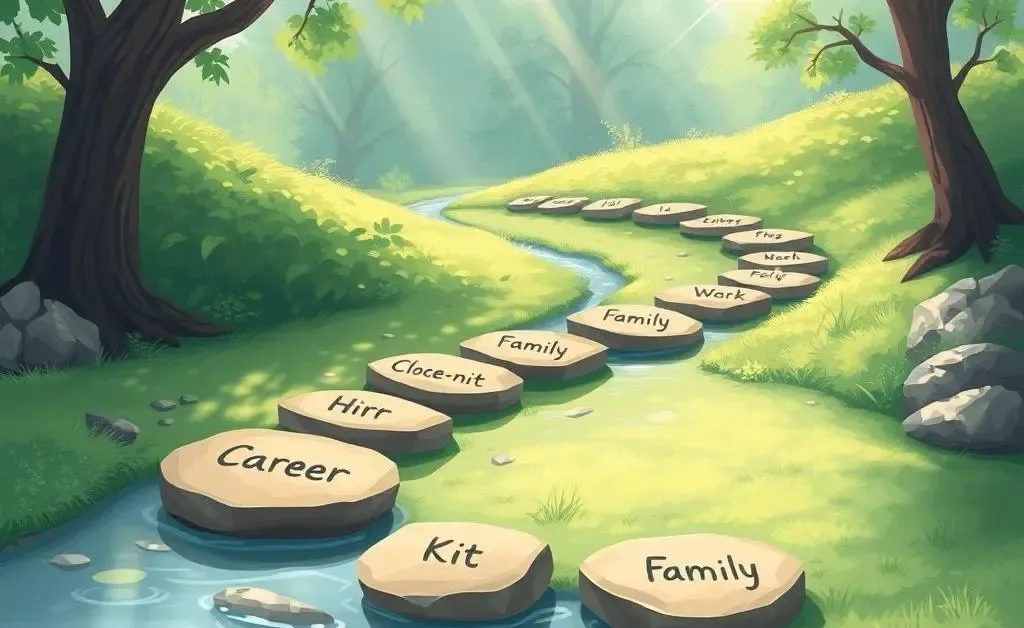 Conceptual illustration of stepping stones labeled with aspects of a balanced life like work, family, and personal time