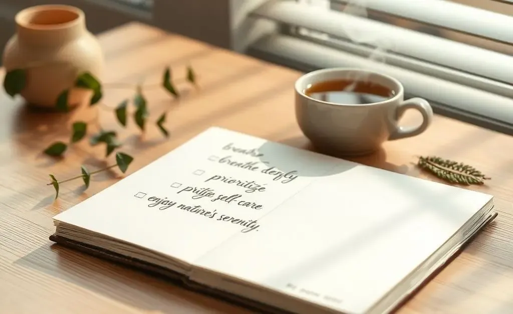 A notepad with a checklist for a balanced lifestyle, featuring 'breathe, prioritize, enjoy nature.'