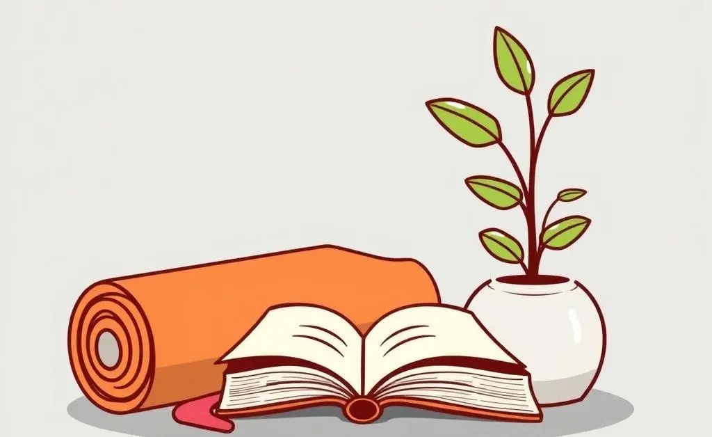 A collection of lifestyle tools like a yoga mat, book, and plant