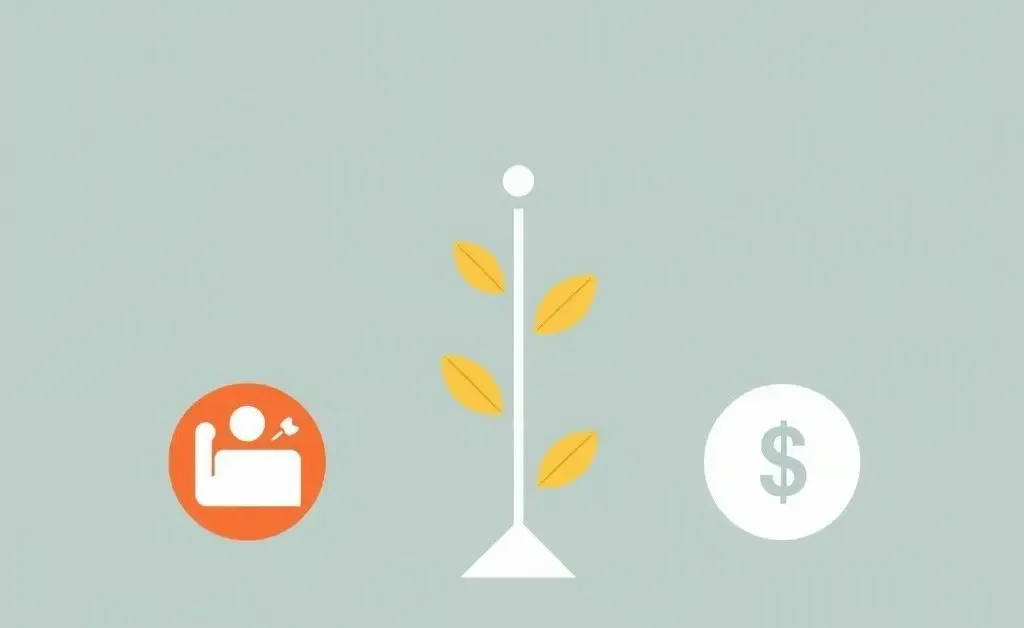 An illustration depicting work-life balance with health, finance, and work symbols.