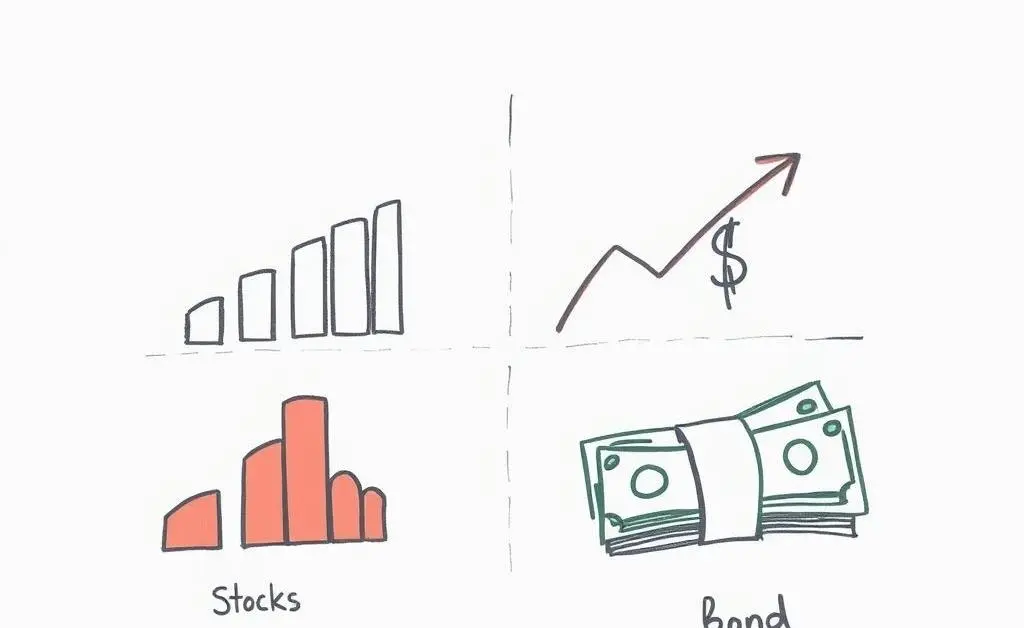 Hand-drawn image of a balanced investment portfolio with stocks, bonds, and cash represented graphically.