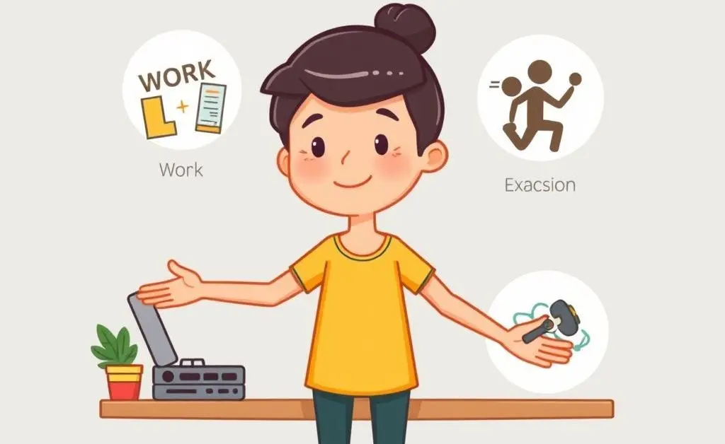 A character balancing different life elements like work, exercise, and relaxation in cartoon style.