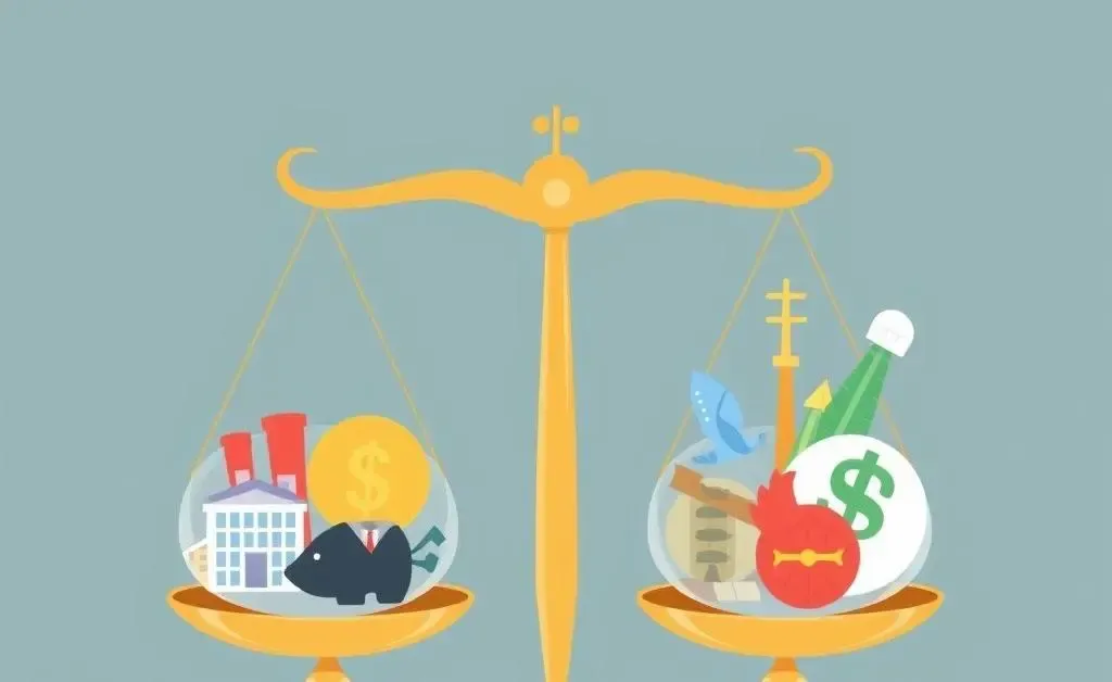 An illustration of scales balancing various industry symbols representing a diversified stock portfolio.