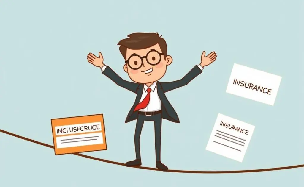 A cartoon-style illustration of an insurance agent balancing on a tightrope, carrying different insurance policies.