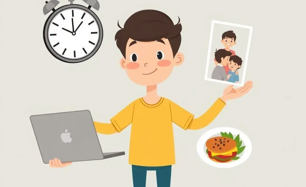 A cartoonish illustration of a person juggling a clock, a laptop, a family photo, and a healthy meal