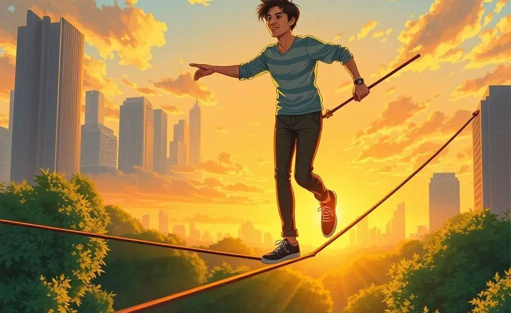 Person balancing on a tightrope, symbolizing investment balance