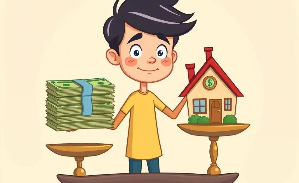 A person balancing scales with money and a house, cartoon-style.