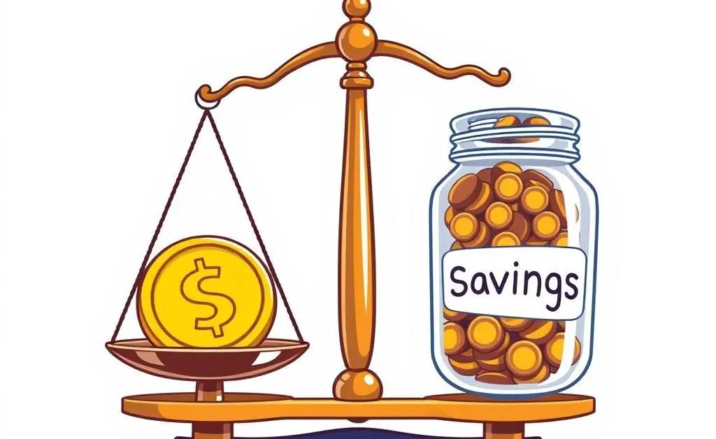 A cartoon-style image of a scale balancing a coin and a jar labeled 'Savings'