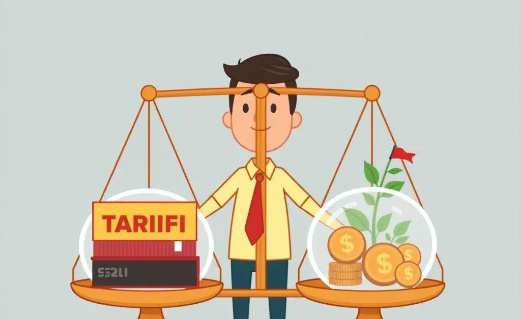 A person balancing economic scales with tariffs and investments