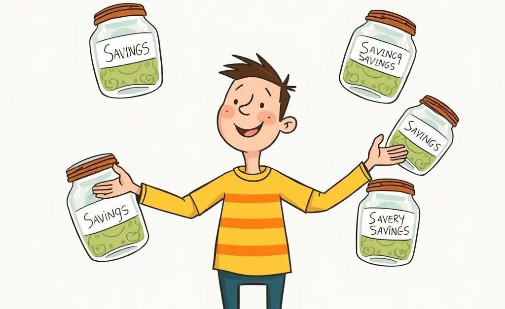 Whimsical cartoon of financial goals juggling