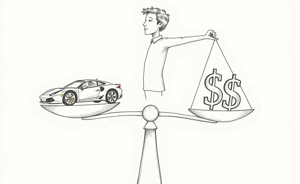 A person juggling a scale with a car on one side and dollar signs on the other.