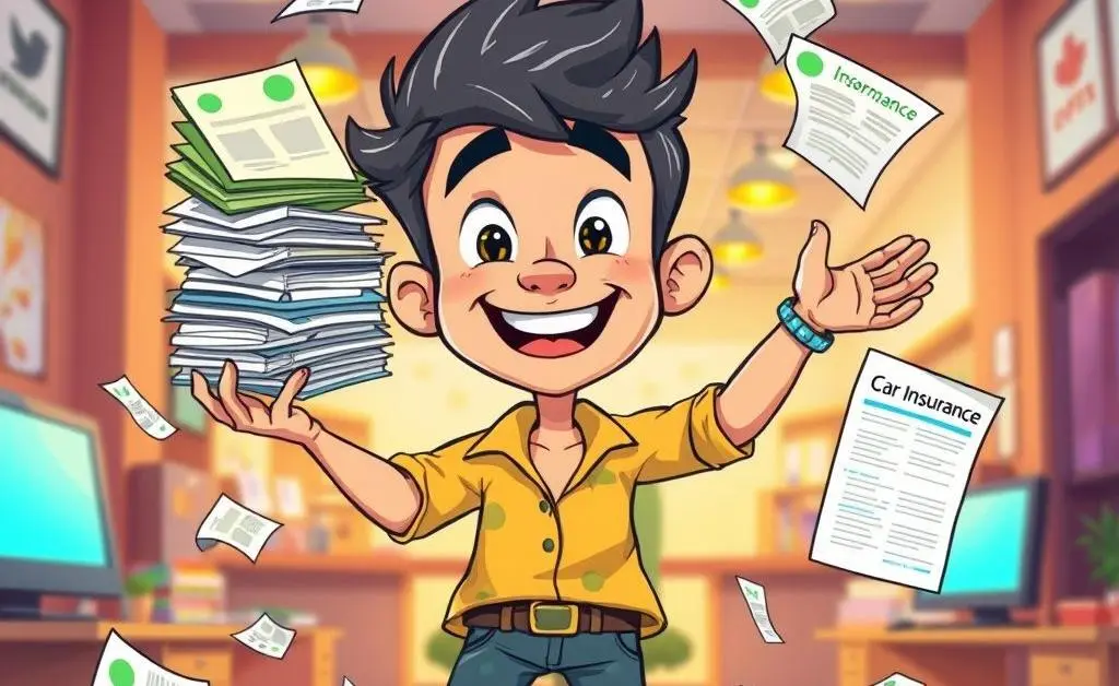 Cartoon of a person juggling bills and car insurance papers