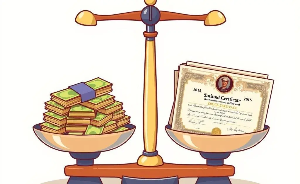A cartoon of scales balancing cash on one side and stock certificates on the other.