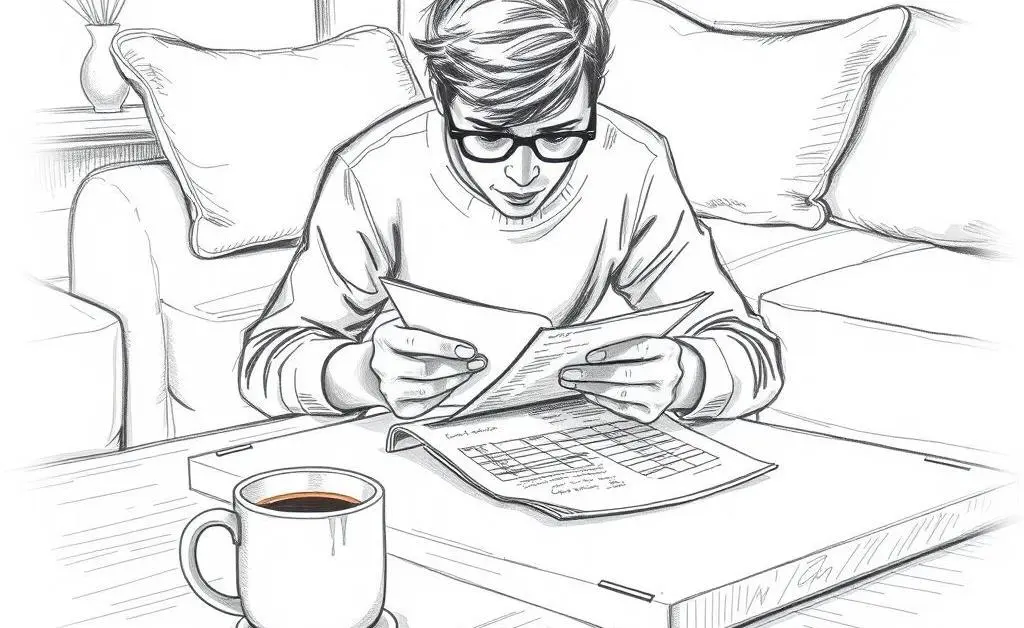 Hand-drawn image of a person balancing their checkbook on a coffee table with a cup of coffee nearby