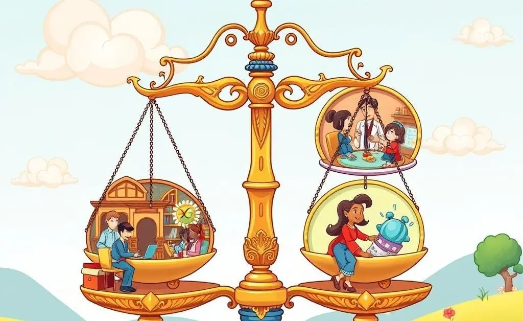 A scale balancing various life choices like work, family, and hobbies