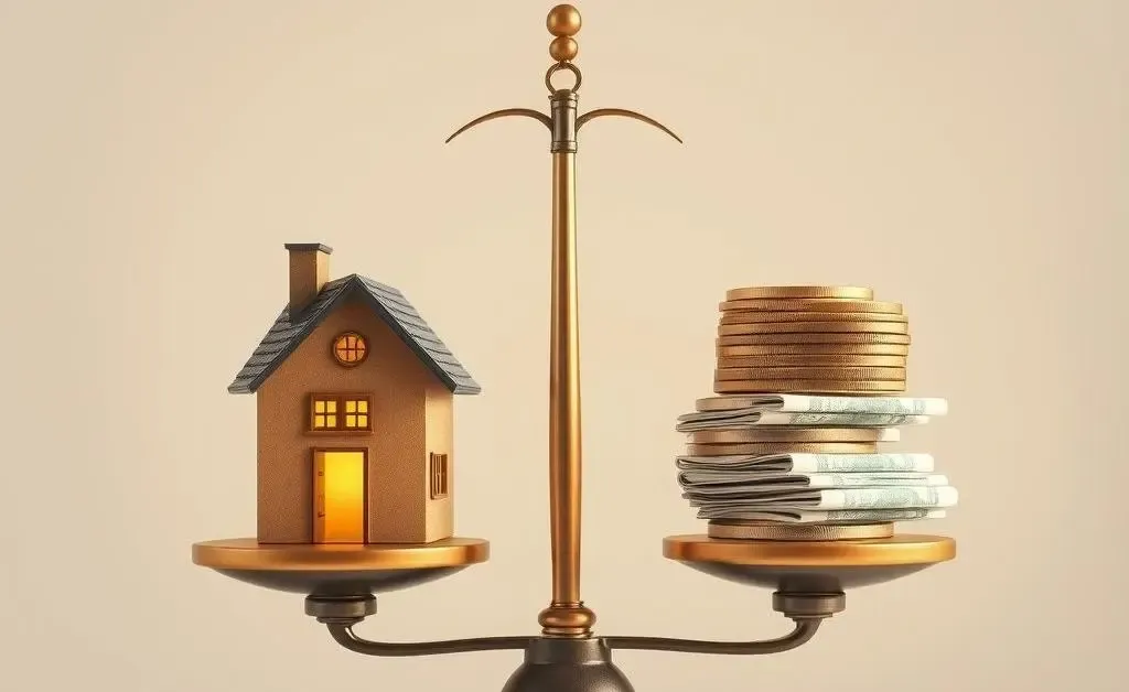 A set of scales balancing a house and a stack of money, representing cost-benefit analysis.