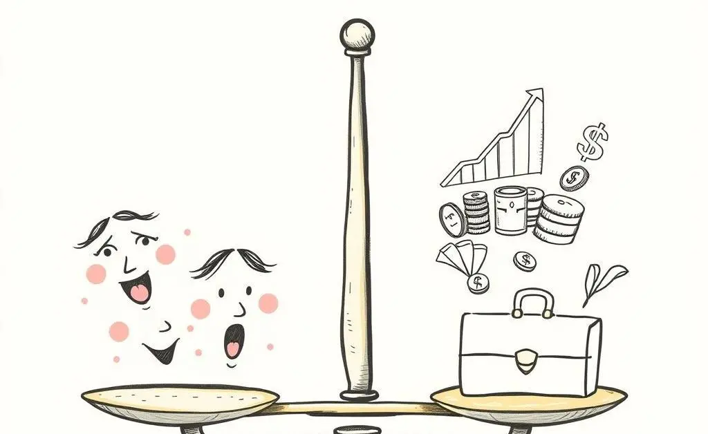 A scale with emotions on one side and financial freedom symbols on the other