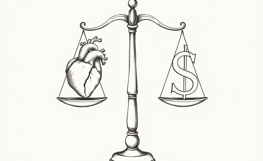 A scale balancing emotions and financial considerations in investing.