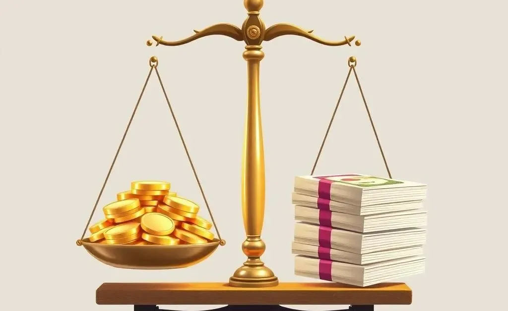 Illustration of a scale balancing coins on one side and equity shares on the other.