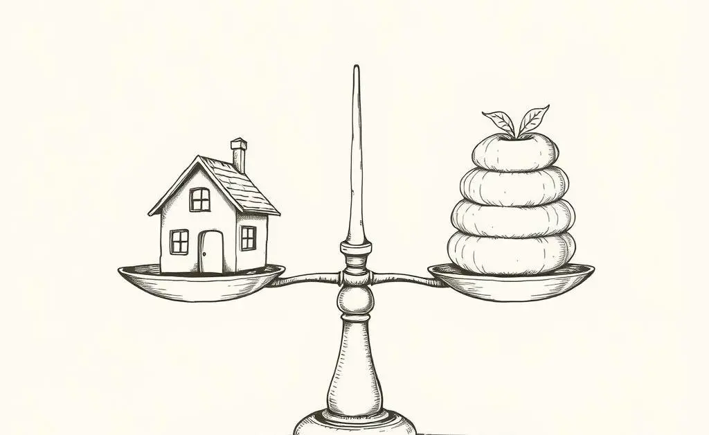 Balance scale with a house on one side and a retirement nest egg on the other.