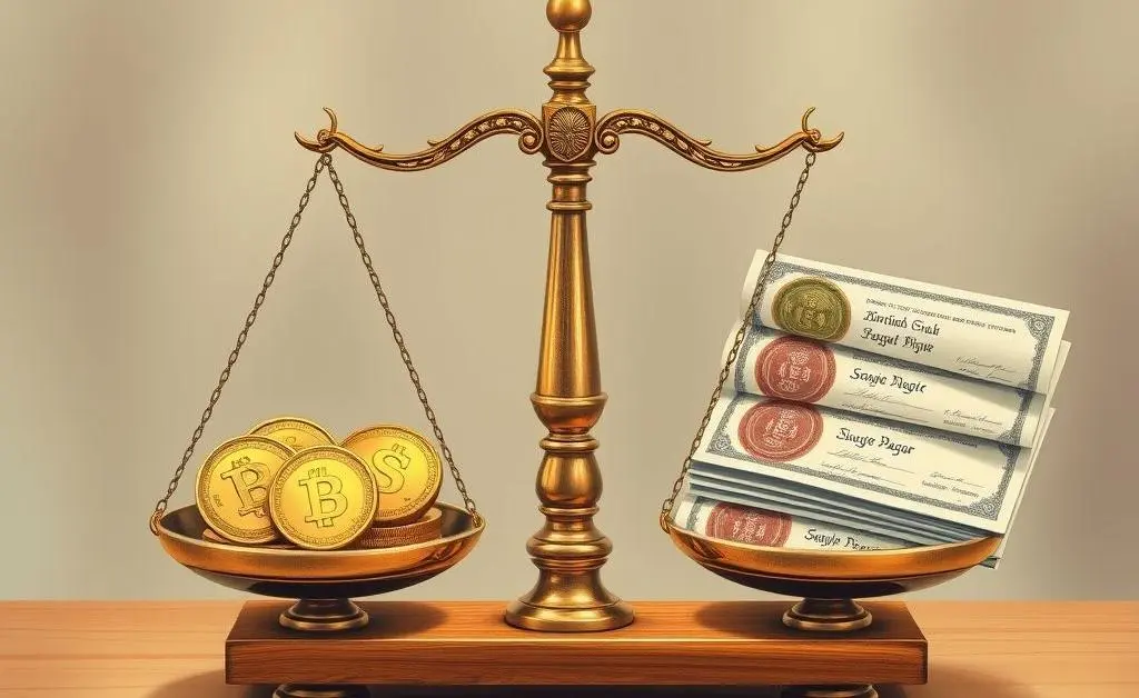 Illustration of a set of scales balancing coins and savings certificates.