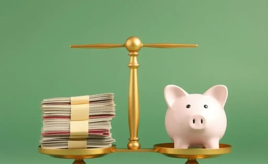 Balance scale with cash and piggy bank