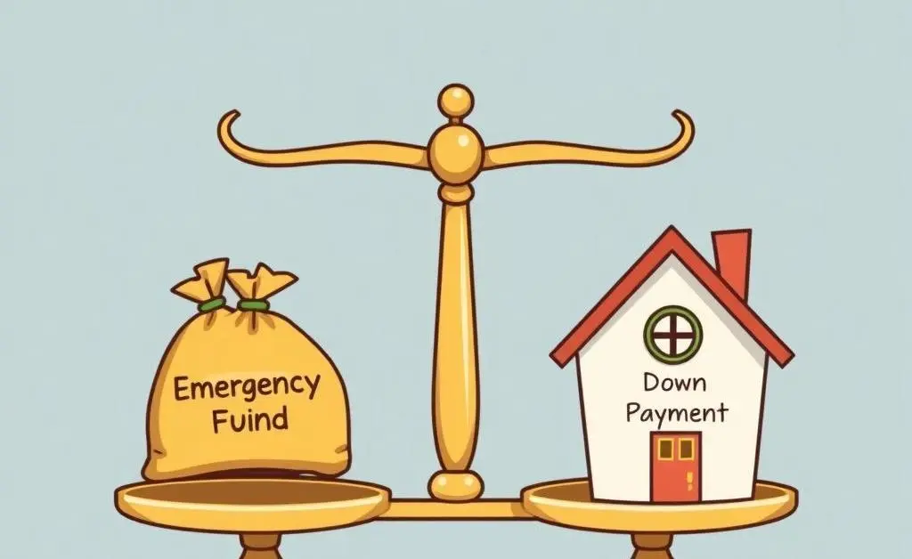 Scale balancing money bags for emergency fund and house for down payment
