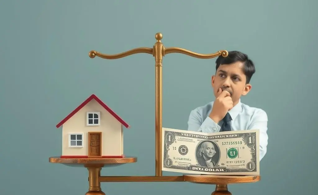 Scales balancing a house and money with a thoughtful person contemplating