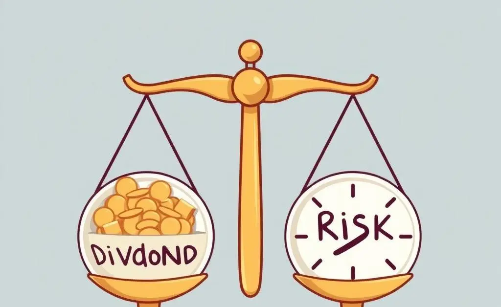 Cartoon weighing scale with dividends on one side and risk on the other