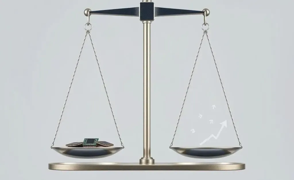 A minimalist illustration of scales balancing semiconductor investment risks and rewards.